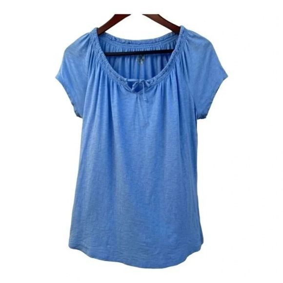 LL Bean Women's Size Small Tee Short Sleeves Split Neck with Drawstring Blue - Picture 1 of 6